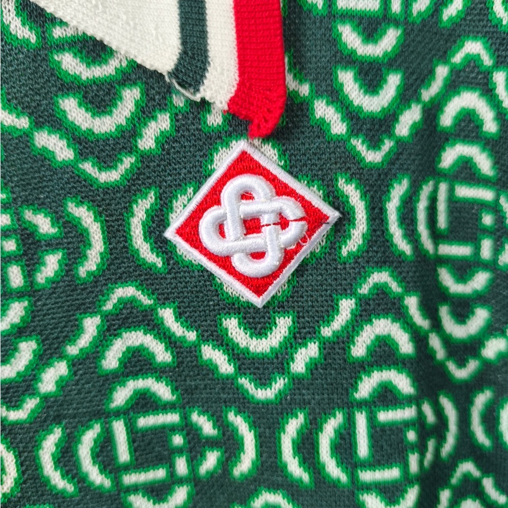 Casablanca Green Patterned Short-Sleeve Polo Knit Top with Ivory Collar - Picture 3 of 7